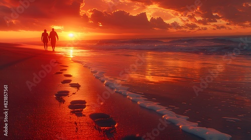 A couple enjoying a sunset walk on the beach, holding hands and leaving footprints in the sand, evoking a sense of romance. List of Art Media Photograph inspired by Spring magazine photo