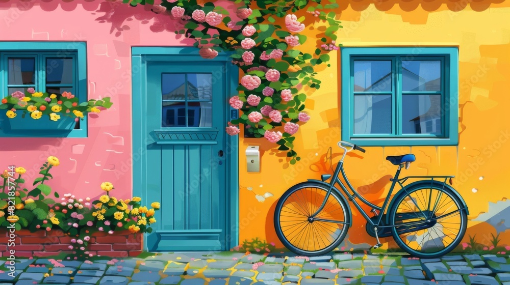 A colorful illustration of a home's front entrance with a pink wall, blue door, windows, flowers, and a bicycle. A colorful illustration of a home's front entrance with a pink wall, blue door, windows, flowers, and a bicycle.