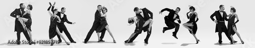 Dynamic collage. Talented couple of dancers in vintage stage evening attires dancing tango in black and white filter. Concept of contemporary dance style, youth, hobby, action and motion. Ad