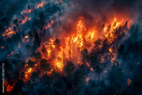 Forest fire burning trees rising smoke aerial view dramatic scene