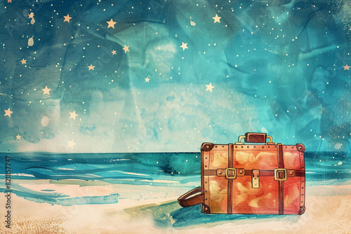 Suitcase The universal symbol of travel, handdrawn illustration, dreamy background  photo