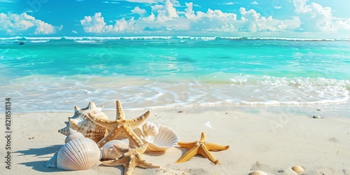 Scenic beach with starfish and seashells on white sand under a sunny sky with turquoise waves. Perfect tropical vacation scenery.