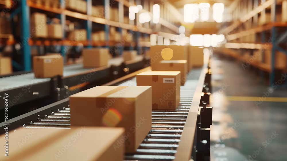 Closeup of multiple cardboard box packages seamlessly moving along a conveyor belt in a warehouse fulfillment center, a snapshot of e-commerce
