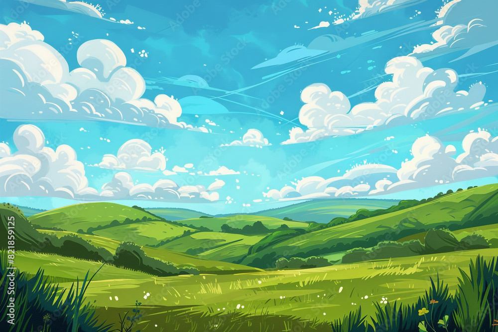 Fototapeta premium Summer fields, hills landscape, green grass, blue sky with clouds, flat style cartoon painting illustration 