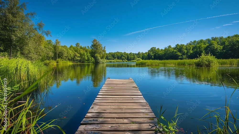 Scenic view of a wooden pier extending into a calm, serene lake surrounded by lush greenery under a clear blue sky. Scenic view of a wooden pier extending into a calm, serene lake surrounded by lush greenery under a clear blue sky.