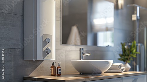 Closeup water heater in a modern bathroom with mirror and washbasin sink