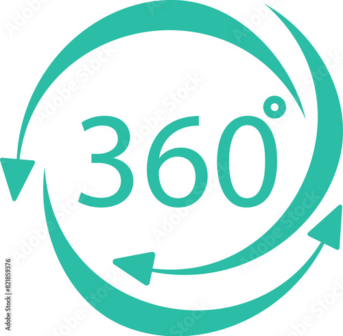 Modern teal 360 degree view icon symbolizing virtual reality and digital interface navigation. Isolated emblem for brand identity with infinite continuity and simplicity in online technology
