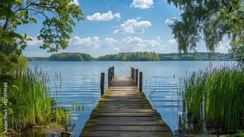 Scenic view of a tranquil lake with a rustic wooden pier, surrounded by lush greenery and blue sky with fluffy white clouds.