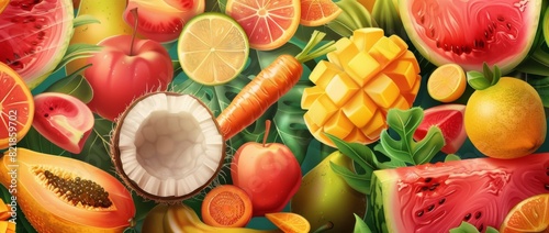 Design a colorful and inviting banner for a fruit shop featuring fresh and delicious-looking fruits, Include designated spaces for text in the center.