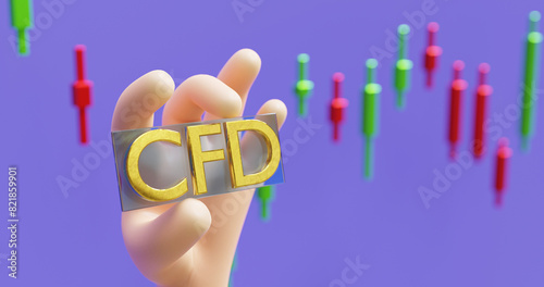 A hand holds a CFD sign, contract for difference against the background of Japanese candle charts, 3D rendering