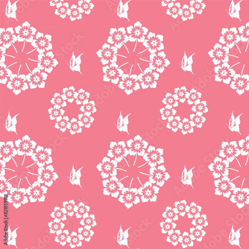 pink BG whote floral buttrtfly seamless repeat color pattern photo