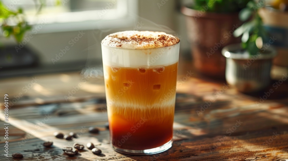 Summertime Delight: Close-up of Iced Cold Brew Coffee with Sweet Cold Foam on Wooden Table Summertime Delight: Close-up of Iced Cold Brew Coffee with Sweet Cold Foam on Wooden Table