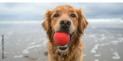 A wet dog holding a red ball in its mouth on a beach photo