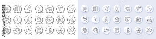 Delivery discount, Bus and Cupboard line icons. White pin 3d buttons, chat bubbles icons. Pack of Wireless charging, Business report, Brush icon. Vector