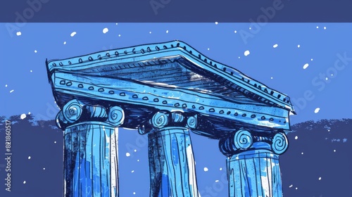 Vector illustration of a Doric column with a detailed capital and entablature against a starry night background. photo