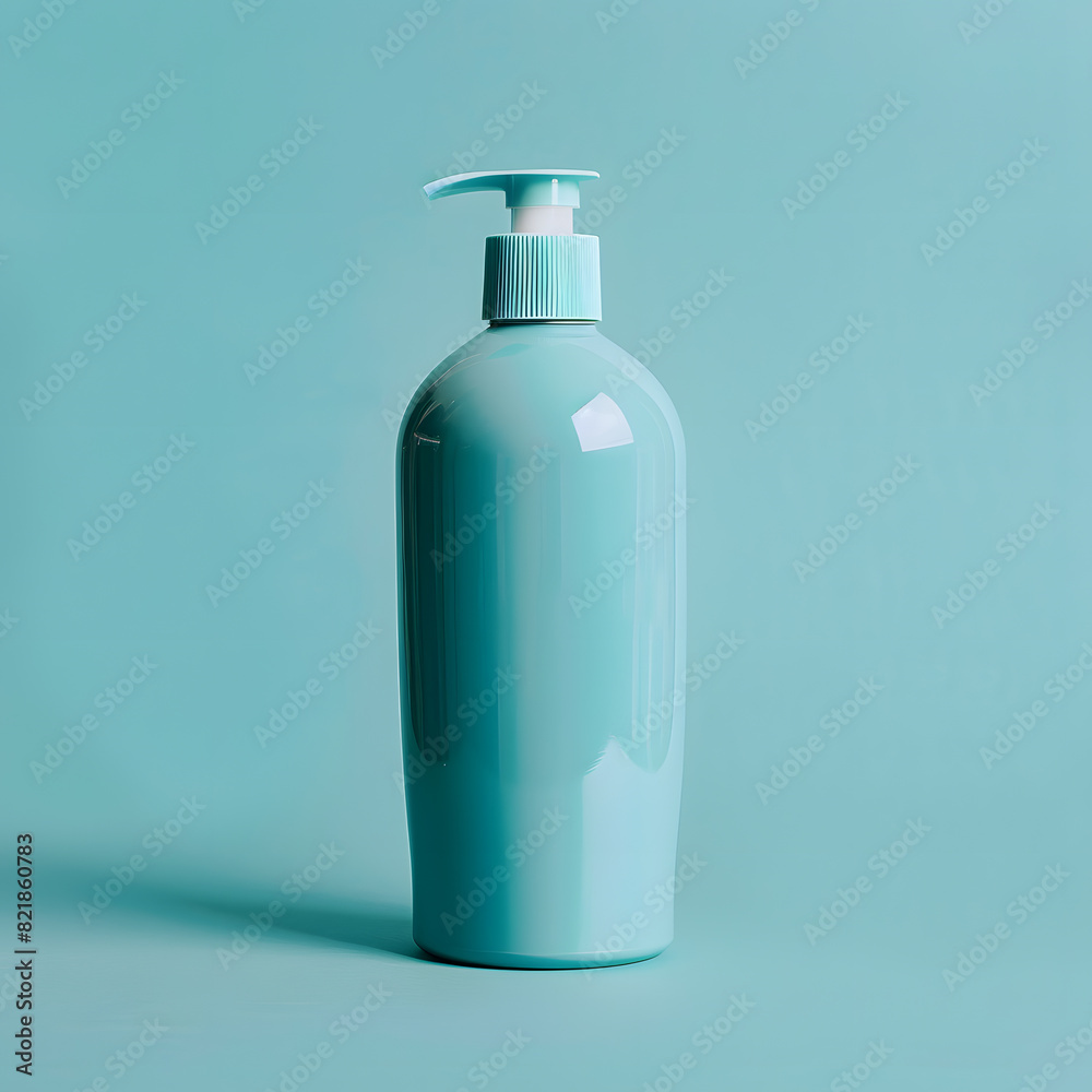 Bottle of hair shampoo with dispenser mock up isolated on tiffany blue background Bottle of hair shampoo with dispenser mock up isolated on tiffany blue background