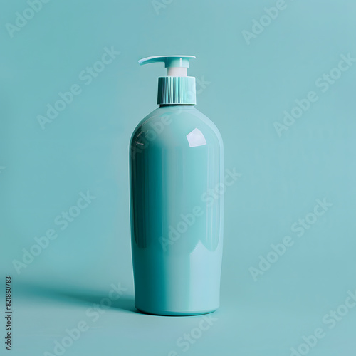 Bottle of hair shampoo with dispenser mock up isolated on tiffany blue background