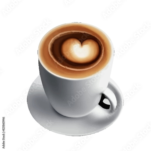a cup of coffee with a heart-shaped design on the foam art. The coffee cup is made of ceramic and appears to be white. It’s short and stout with a rounded handle. The coffee itself is a dark brown col