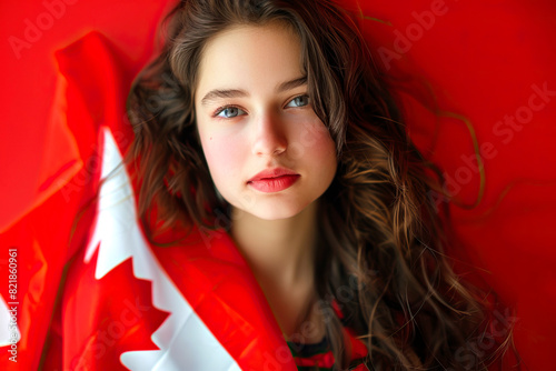 Beautiful young woman with Canadian flag on color background © Kseniya