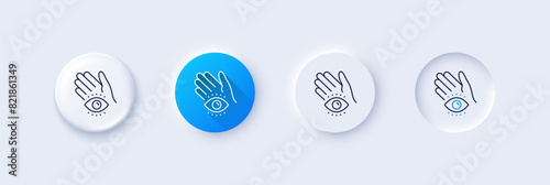 Meditation eye line icon. Neumorphic, Blue gradient, 3d pin buttons. Yoga mind sign. Spirit therapy symbol. Line icons. Neumorphic buttons with outline signs. Vector