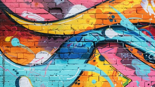 Spray paint meets brick wall in this street art scene, where vivid colors and bold designs convey a message of creativity and freedom. The artwork breathes new life into the urban environment. photo