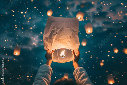 a person's hands releasing a paper lantern into the night sky, symbolizing hope, dreams, and positivity