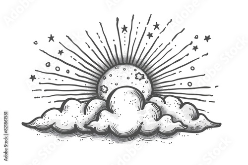 Sun behind snowcloud Partly snowy, Weather icon, simple vector svg illustration, hand drawn black and white, isolated on white background   photo