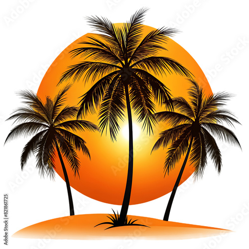 silhouette of palm trees and orange sun on transparent bg
