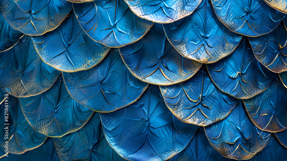 A close up of a blue feather with gold accents. The feather has a unique and intricate design. Close-up of overlapping blue fish scales with a metallic sheen and intricate patterns. A close up of a blue feather with gold accents. The feather has a unique and intricate design. Close-up of overlapping blue fish scales with a metallic sheen and intricate patterns.