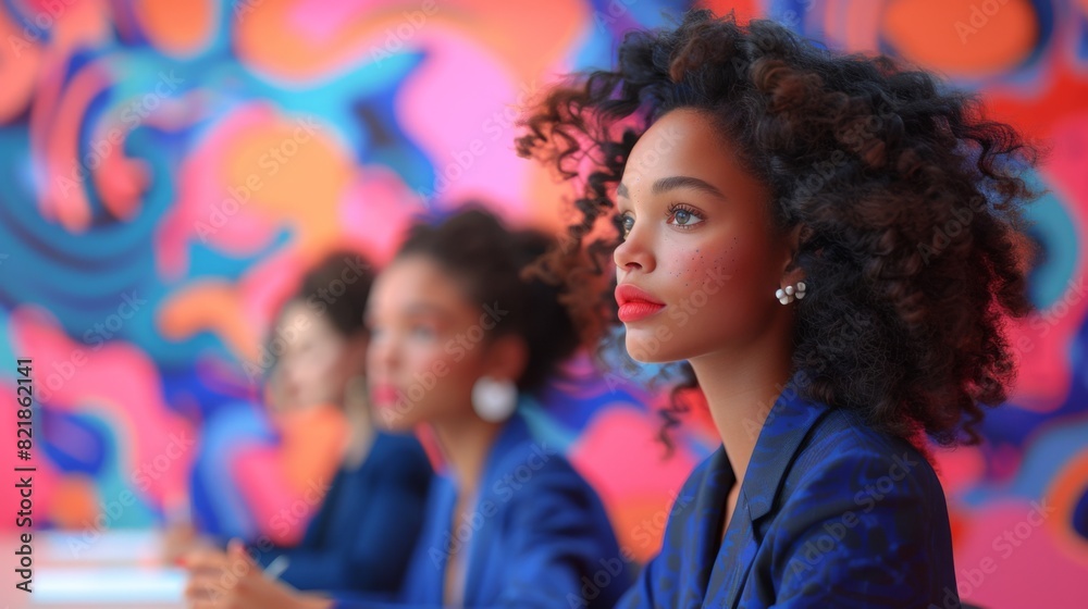 Confident businesswoman with curly hair sitting in a meeting, with colorful abstract artwork in the background. Confident businesswoman with curly hair sitting in a meeting, with colorful abstract artwork in the background.