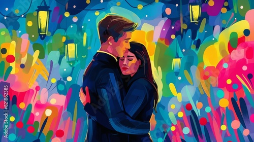 Illustration of a man embracing his girlfriend from behind at a vibrant party with colorful abstract background.