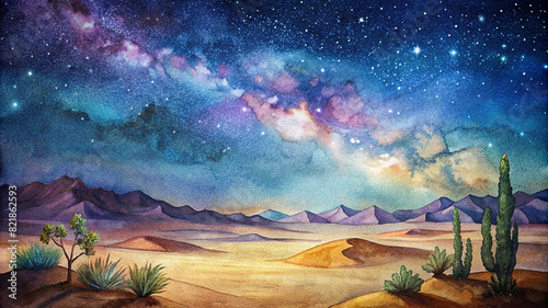 Watercolor illustration landscape with starry night sky over the desert photo