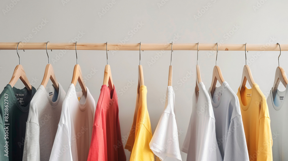 Hangers with different t-shirts on light wall. Mockup