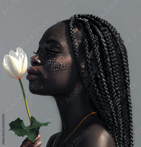 black woman with box braided hair, she holds an open flower on one side of her face and has a rear tip on his lips, the background is gray iridescent photo