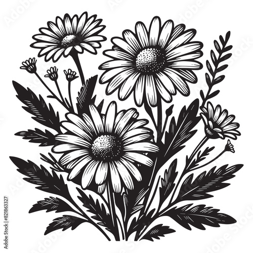 Chamomile flower. Black and white vector illustration. Ink sketch