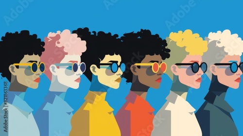 A colorful illustration showcasing a diverse group of stylized people wearing sunglasses.