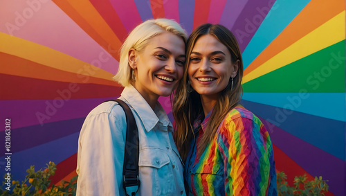 Portrait of a beautiful happy smiling lesbian couple on a pride themed background