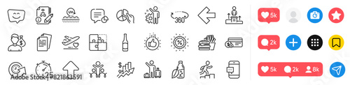 Leader run, Smile face and Puzzle line icons pack. Social media icons. Water bottle, Rise price, Like hand web icon. 360 degrees, Update time, Salary pictogram. Upload, Left arrow, Pie chart. Vector