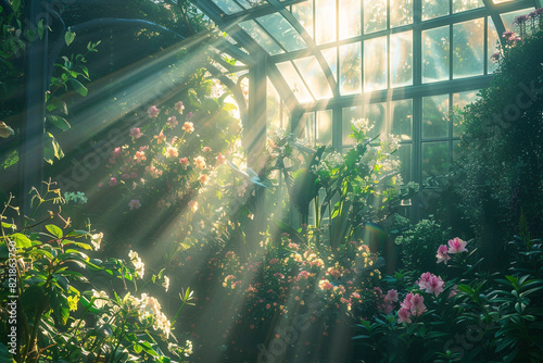 Sunlight Streaming through a Glass Greenhouse with Lush Flowers 