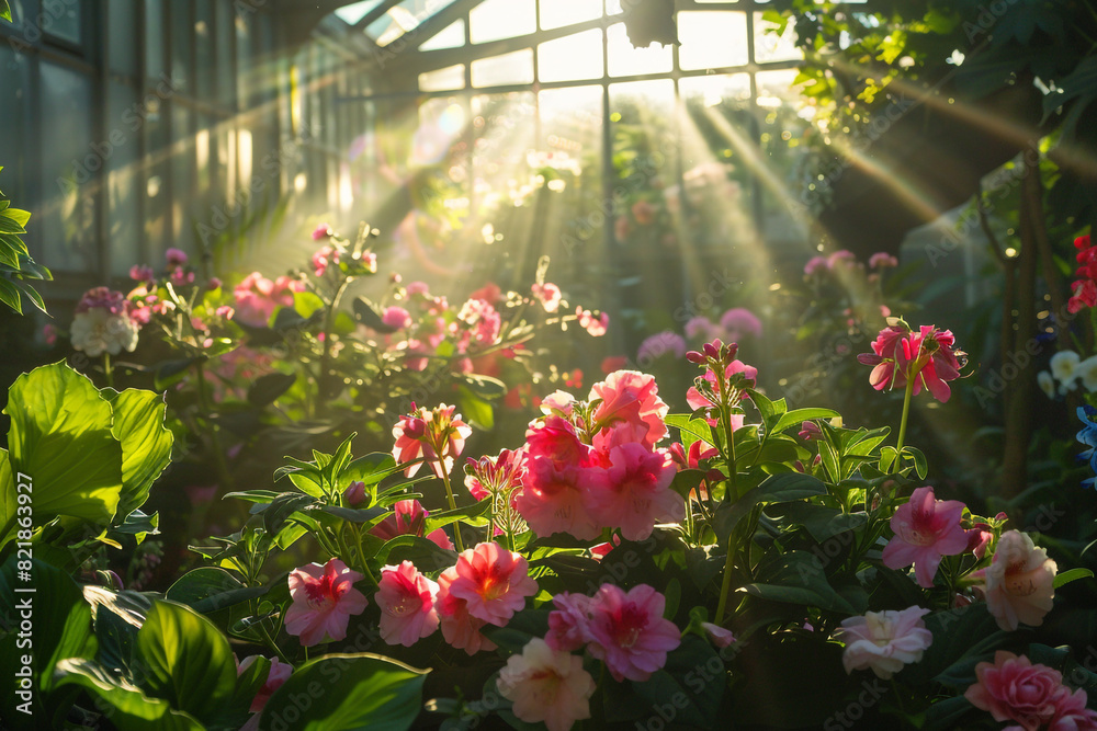 Sunlight Streaming through a Glass Greenhouse with Lush Flowers 