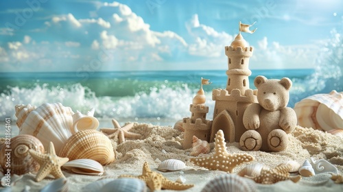 A beach, decorated by starfish, sand castle, shells, water behind it, in the style of a high budget commercial, bear sand sculpture © Cheetose