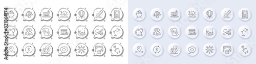 Bumper cars, Wallet and Marketplace line icons. White pin 3d buttons, chat bubbles icons. Pack of Cursor, Check investment, Table lamp icon. Vip clients, Air balloon, Lawyer pictogram. Vector