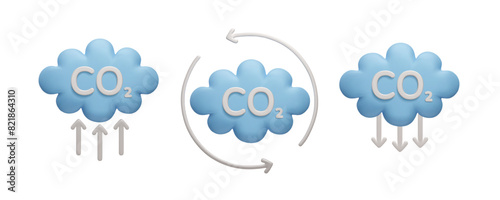 Carbon emission reduction, CO2 neutral 3D icon set. 3D clouds with CO2 emission reduction arrows. Zero carbon footprint, reduce greenhouse gas emissions by 2050. Stop global warming, climate change.