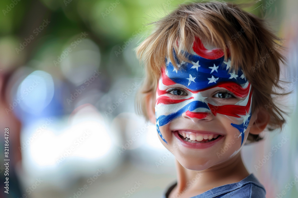 American flag-inspired face paint on children's cheeks, Independence Day, bokeh Generative AI American flag-inspired face paint on children's cheeks, Independence Day, bokeh Generative AI