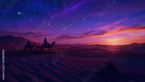 Three wise men on camels in the desert at sunset, scenic landscape