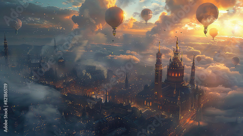 steampunk air city  floating city  sky city  airborne metropolis  cloud city  flying city  steampunk metropolis  aerial city  skyborne city  steampunk sky city  steampunk floating city  steam-powered 