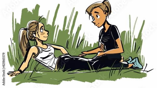 Illustration of a woman lying on grass and stretching with another person's support in a casual outdoor setting.