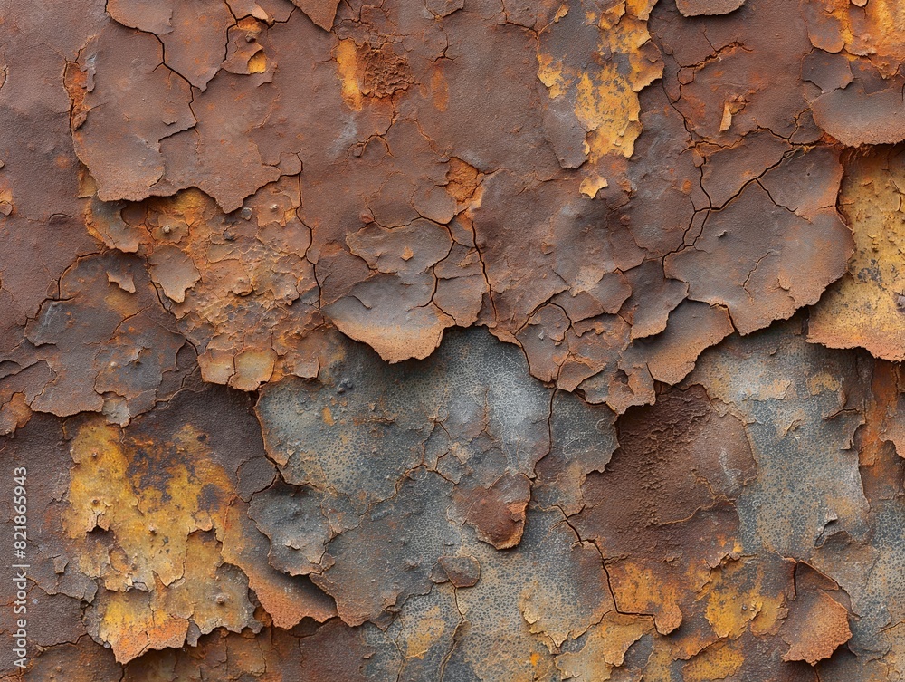 Detailed texture of rusty, peeling paint on a metal surface, showcasing decay and weathering.