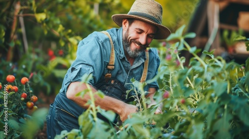 A man wearing a straw hat is picking ripe tomatoes in a garden