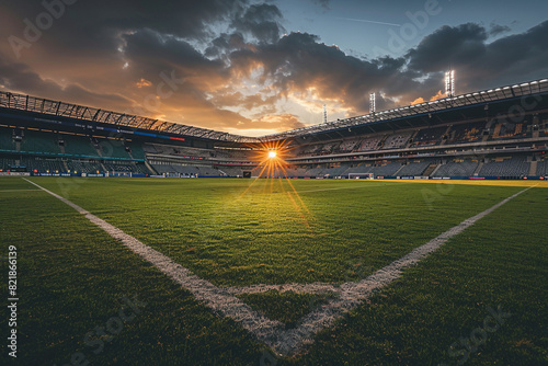 Sunset Rays over an Empty Soccer Stadium Ready for Action 
